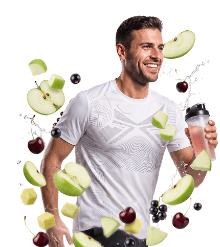 Muž ve sportovním oblečení běží a drží šejkr.