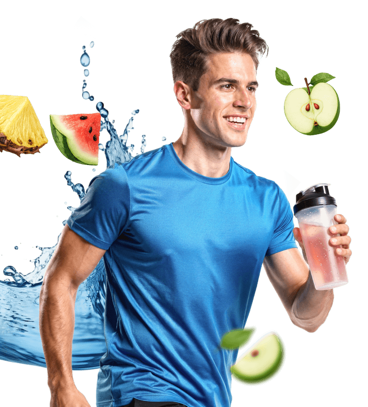 Muž ve sportovním oblečení běží a drží šejkr.